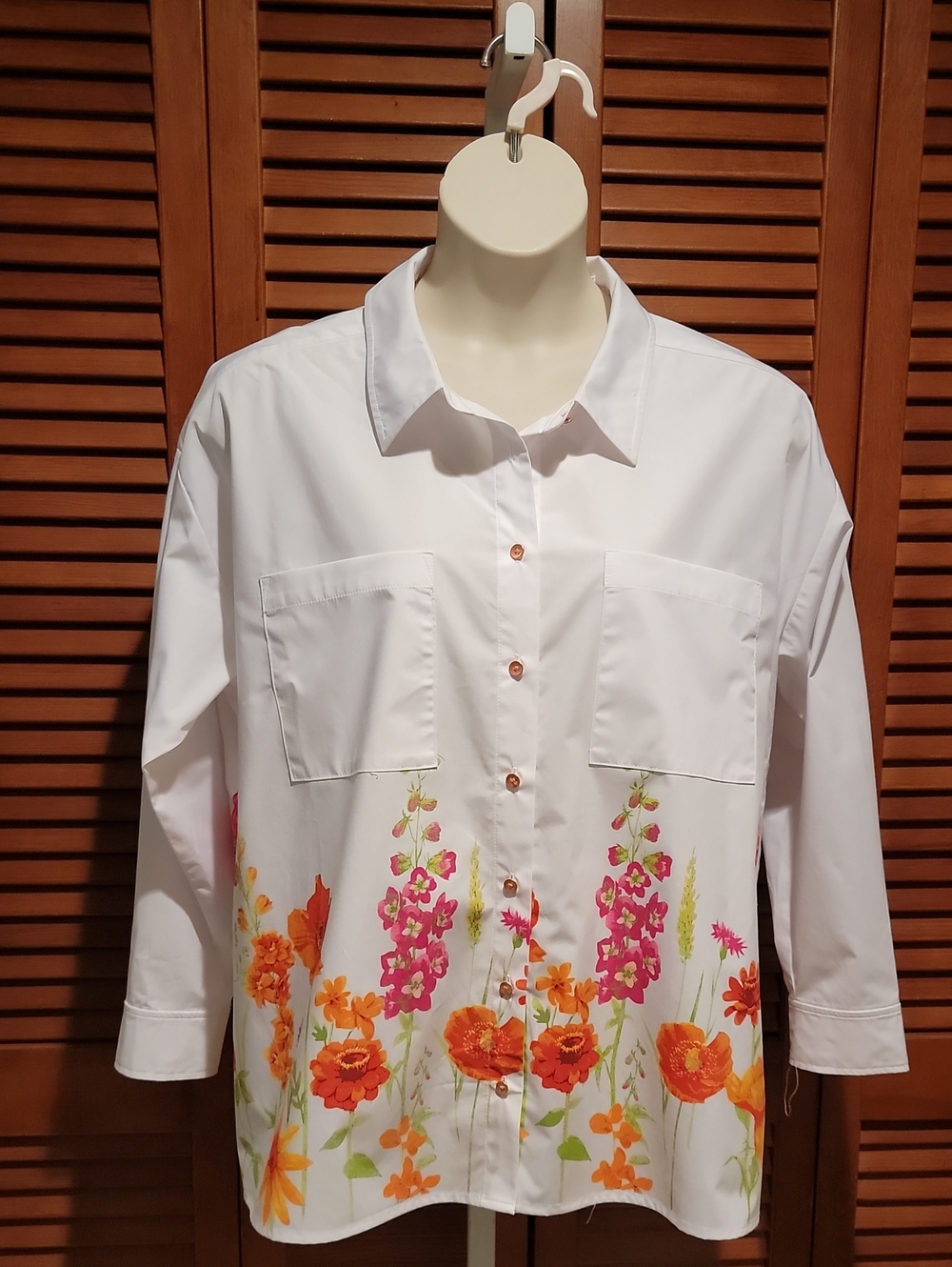 ATTITUDES BY RENEE FRONT BUTTON SHIRT WITH FLORAL BORDER PRINT